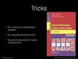 Fabio A. González Universidad Nacional de Colombia
Tricks
• DL is mainly an engineering
problem
• DL networks are hard to ...