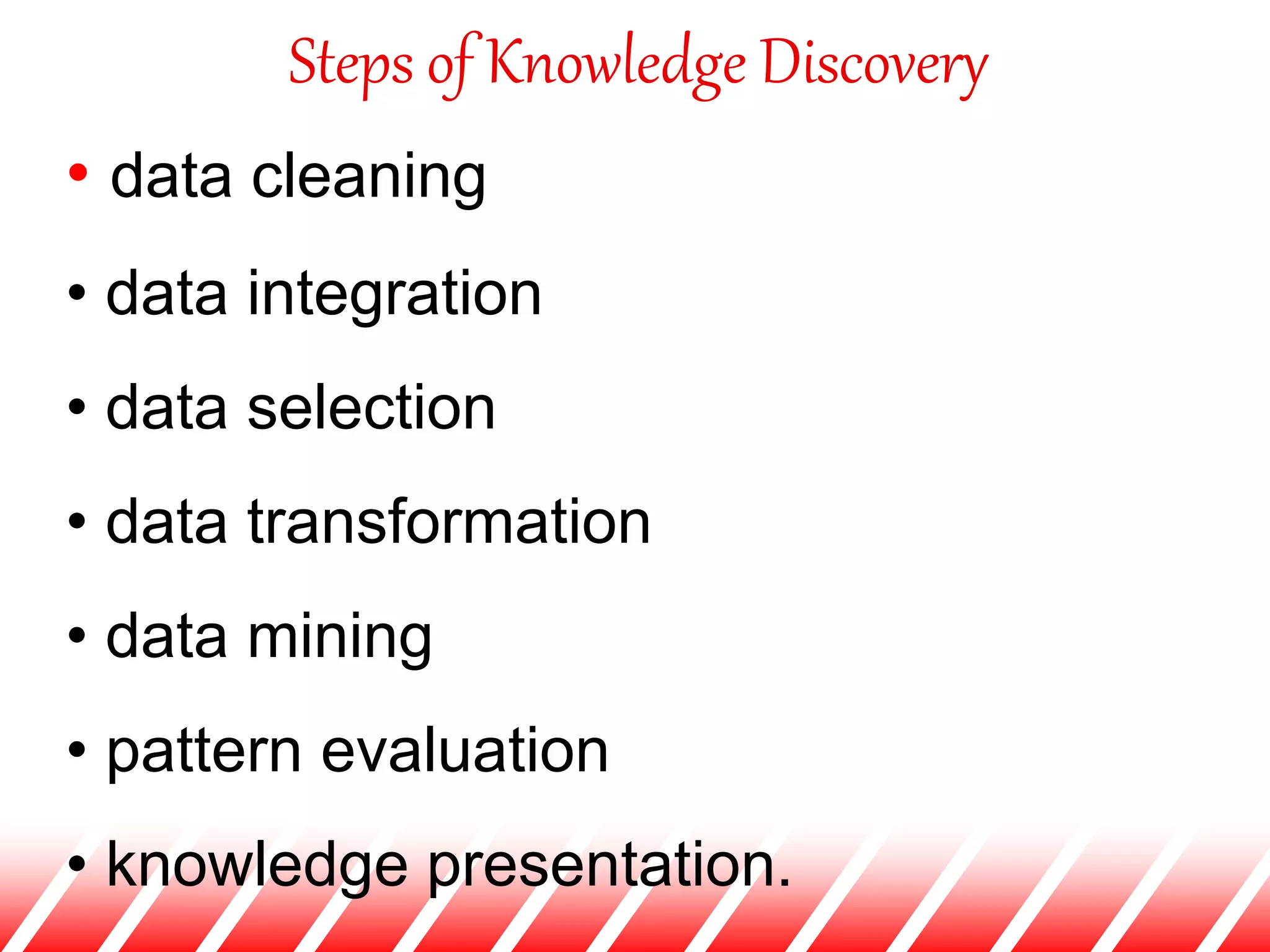 • data cleaning
• data integration
• data selection
• data transformation
• data mining
• pattern evaluation
• knowledge presentation.
Steps of Knowledge Discovery
 