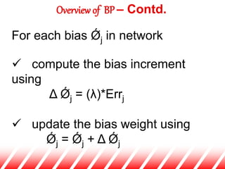 Overview of BP – Contd.
For each bias Ǿj in network
 compute the bias increment
using
Δ Ǿj = (λ)*Errj
 update the bias weight using
Ǿj = Ǿj + Δ Ǿj
 