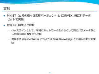 実験
l  MNIST（とその様々な変形バージョン）と  CONVEX,  RECT  データ
セットで実験
l  既存の圧縮⼿手法と⽐比較
–  ベースラインとして、単純にネットワークを⼩小さくして同じパラメータ数と
した無圧縮の  NN  とも⽐比較
–  提案⼿手法  (HashedNets)  については  Dark  Knowledge  との組み合わせも実
験
10
 