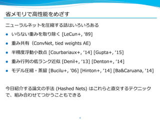 省省メモリで⾼高性能をめざす
ニューラルネットを圧縮する話はいろいろある
l  いらない重みを取り除く  [LeCun+,  ʻ‘89]
l  重み共有（ConvNet,  tied  weights  AE)
l  半精度度浮動⼩小数点  [Courbariaux+,  ʻ‘14]  [Gupta+,  ʻ‘15]
l  重み⾏行行列列の低ランク近似  [Denil+,  ʻ‘13]  [Denton+,  ʻ‘14]
l  モデル圧縮・蒸留留  [Bucilu+,  ʼ’06]  [Hinton+,  ʻ‘14]  [Ba&Caruana,  ʻ‘14]
今⽇日紹介する論論⽂文の⼿手法  (Hashed  Nets)  はこれらと直交するテクニック
で、組み合わせてつかうこともできる
4
 