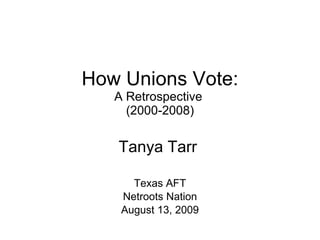How Unions Vote: A Retrospective  (2000-2008) Tanya Tarr  Texas AFT Netroots Nation August 13, 2009 