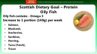 s.
LEARNING
INTENTIONS
Students can identify foods sources of nutrients and the functions of various nutrients.
Scottish Dietary Goal – Protein
Oily Fish
Oily fish contains - Omega 3
Increase to 1 portion (140g) per week
• Salmon,
• Mackerel,
• Anchovies,
• Sardines,
• Herring,
• Tuna (Fresh),
• Trout
 