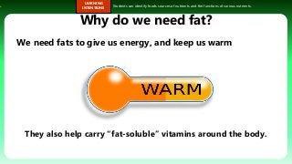 s.
LEARNING
INTENTIONS
Students can identify foods sources of nutrients and the functions of various nutrients.
Why do we need fat?
We need fats to give us energy, and keep us warm
They also help carry “fat-soluble” vitamins around the body.
 