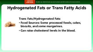 s.
LEARNING
INTENTIONS
Students can identify foods sources of nutrients and the functions of various nutrients.
Hydrogenated Fats or Trans Fatty Acids
Trans Fats/Hydrogenated Fats:
• Food Sources: Some processed foods, cakes,
biscuits, and some margarines.
• Can raise cholesterol levels in the blood.
 