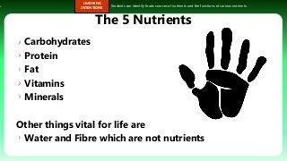 s.
LEARNING
INTENTIONS
Students can identify foods sources of nutrients and the functions of various nutrients.
The 5 Nutrients
Carbohydrates
Protein
Fat
Vitamins
Minerals
Other things vital for life are
Water and Fibre which are not nutrients
 