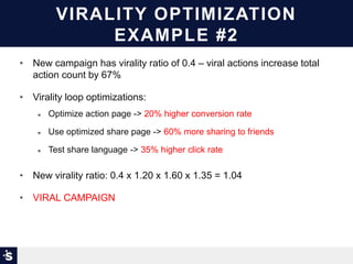 • New campaign has virality ratio of 0.4 – viral actions increase total
action count by 67%
• Virality loop optimizations:
 Optimize action page -> 20% higher conversion rate
 Use optimized share page -> 60% more sharing to friends
 Test share language -> 35% higher click rate
• New virality ratio: 0.4 x 1.20 x 1.60 x 1.35 = 1.04
• VIRAL CAMPAIGN
VIRALITY OPTIMIZATION
EXAMPLE #2
 