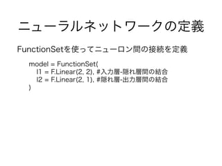 ˥`ͥåȥ`ζx
FunctionSetʹäƥ˥`gνӾAx
model = FunctionSet(
l1 = F.Linear(2, 2), #-LgνY
l2 = F.Linear(2, 1), #L-gνY
)
 