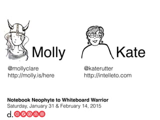 KateMolly
Notebook Neophyte to Whiteboard Warrior!
Saturday, January 31 & February 14, 2015
@mollyclare
http://molly.is/here
@katerutter
http://intelleto.com
 