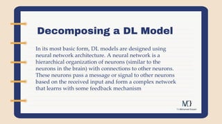 Decomposing a DL Model
In its most basic form, DL models are designed using
neural network architecture. A neural network is a
hierarchical organization of neurons (similar to the
neurons in the brain) with connections to other neurons.
These neurons pass a message or signal to other neurons
based on the received input and form a complex network
that learns with some feedback mechanism
 