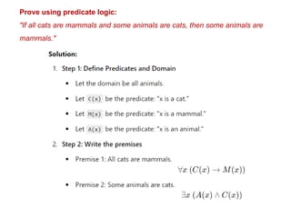 Prove using predicate logic:
"If all cats are mammals and some animals are cats, then some animals are
mammals."
 