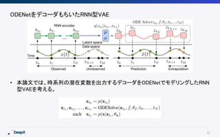 22
ODENetをデコーダもちいたRNN型VAE
• 本論文では、時系列の潜在変数を出力するデコーダをODENetでモデリングしたRNN
型VAEを考える。
 