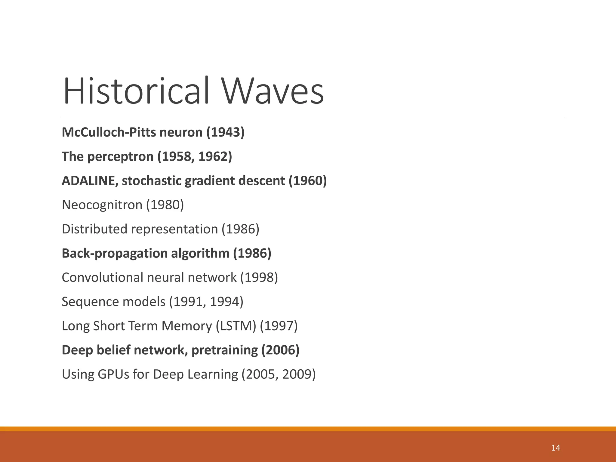 Historical Waves
McCulloch-Pitts neuron (1943)
The perceptron (1958, 1962)
ADALINE, stochastic gradient descent (1960)
Neocognitron (1980)
Distributed representation (1986)
Back-propagation algorithm (1986)
Convolutional neural network (1998)
Sequence models (1991, 1994)
Long Short Term Memory (LSTM) (1997)
Deep belief network, pretraining (2006)
Using GPUs for Deep Learning (2005, 2009)
14
 
