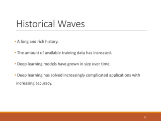 Historical Waves
• A long and rich history.
• The amount of available training data has increased.
• Deep learning models ...