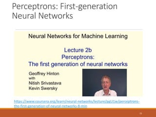 Perceptrons: First-generation
Neural Networks
https://www.coursera.org/learn/neural-networks/lecture/pgU1w/perceptrons-
th...