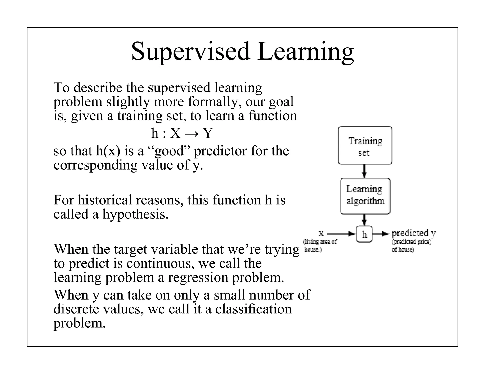 Supervised Learning
To describe the supervised learning
problem slightly more formally, our goal
is, given a training set, to learn a function
h:X→Y
so that h(x) is a “good” predictor for the
corresponding value of y.
For historical reasons, this function h is
called a hypothesis.
When the target variable that we’re trying
to predict is continuous, we call the
learning problem a regression problem.
When y can take on only a small number of
discrete values, we call it a classiﬁcation
problem.

 