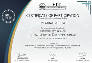 CERTIFICATE OF PARTICIPATIONThis certificate is proudly awarded to
MEGHNA BAJORIA
for outstanding participation in
from July 29, 2019 to August 02, 2019
organized by
Department of Embedded Technology, School of Electronics Engineering,
Vellore Institute of Technology, Vellore, TN, India
NNDL
2 0 1 9
COORDINATOR
(Dr. Surya Prakash)
HoD
(Dr. Arun M)
DEAN
(Dr. Kittur Harish)
NATIONAL WORKSHOP
on
NEURAL NETWORK AND DEEP LEARNING
 
