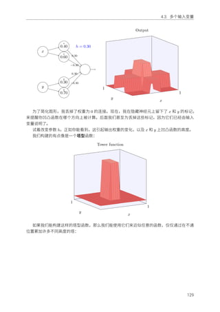 4.3. 多个输⼊变量
x
y
0.60
x
0.40
x
0.30
y
0.70
y
h = 0.30
−0.30
0.30
0.30
−0.30
1
1
x
y
Output
为了简化图形，我丢掉了权重为 0 的连接。现在，我在隐藏神经元上留下了 x 和 y 的标记，
来提醒你凹凸函数在哪个⽅向上被计算。后⾯我们甚⾄为丢掉这些标记，因为它们已经由输⼊
变量说明了。
试着改变参数 h。正如你能看到，这引起输出权重的变化，以及 x 和 y 上凹凸函数的⾼度。
我们构建的有点像是⼀个塔型函数：
1
1
x
y
Tower function
如果我们能构建这样的塔型函数，那么我们能使⽤它们来近似任意的函数，仅仅通过在不通
位置累加许多不同⾼度的塔：
129
 