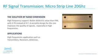 11NASDAQ / TASE :NNDM
www.nano-di.com | © 2019 Nano Dimension. All rights reserved.
RF Signal Transmission: Micro Strip Line 20Ghz
THE SOLUTION BY NANO DIMENSION
High frequency support: Better dielectric value than FR4,
with 2.79 instead of 4.7. A versatile design for the vias
improves the quality of signals, especially in high
frequencies.
APPLICATIONS
High frequencies application such as
Transmitters, Receivers, Antennas.
 
