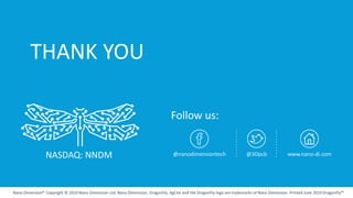 18NASDAQ / TASE :NNDM
www.nano-di.com | © 2019 Nano Dimension. All rights reserved.Nano Dimension® Copyright © 2019 Nano Dimension Ltd. Nano Dimension, DragonFly, AgCite and the DragonFly logo are trademarks of Nano Dimension. Printed June 2019 DragonFly™
Follow us:
@nanodimensiontech @3Dpcb www.nano-di.comNASDAQ: NNDM
THANK YOU
 