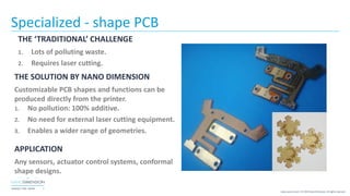 7NASDAQ / TASE :NNDM
www.nano-di.com | © 2019 Nano Dimension. All rights reserved.
Specialized - shape PCB
THE ‘TRADITIONAL’ CHALLENGE
1. Lots of polluting waste.
2. Requires laser cutting.
THE SOLUTION BY NANO DIMENSION
Customizable PCB shapes and functions can be
produced directly from the printer.
1. No pollution: 100% additive.
2. No need for external laser cutting equipment.
3. Enables a wider range of geometries.
APPLICATION
Any sensors, actuator control systems, conformal
shape designs.
 