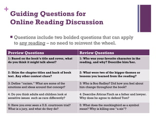 Guiding Questions for  Online Reading Discussion Questions include two bolded questions that can apply to  any reading  – no need to reinvent the wheel. Preview Questions Review Questions 1: Based on the book’s title and cover, what do you think it might talk about? 1: Who was your favorite character in the reading, and why? Describe him/her. 2: Skim the chapter titles and back of book text. Any other context clues? 2: What were two of the bigger themes or lessons you learned from the reading? 3: Define “racism.” What are some of the emotions and ideas around that concept? 3: Who is Boo Radley? Did how you feel about him change throughout the book?  4: Do you think adults and children look at sensitive issues  such as race differently? 4: Describe Atticus Finch as a father and lawyer. Why does he agree to defend Tom? 5: Have you ever seen a U.S. courtroom trial? What is a jury, and what do they do? 5: What does the mockingbird as a symbol mean? Why is killing one “a sin”? 