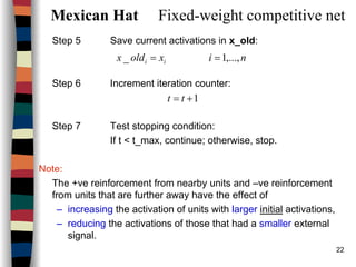 22
Mexican Hat Fixed-weight competitive net
Step 5 Save current activations in x_old:
Step 6 Increment iteration counter:
Step 7 Test stopping condition:
If t < t_max, continue; otherwise, stop.
Note:
The +ve reinforcement from nearby units and –ve reinforcement
from units that are further away have the effect of
– increasing the activation of units with larger initial activations,
– reducing the activations of those that had a smaller external
signal.
nixoldx ii ,...,1_ ==
1+= tt
 