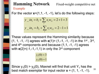 33
Hamming Network Fixed-weight competitive net
Example
For the vector x=(1,1, -1, -1), let’s do the following steps:
These values represent the Hamming similarity because
(1, 1, -1, -1) agrees with e(1)= (1,-1, -1, -1) in the 1st , 3rd,
and 4th components and because (1,1, -1, -1) agrees
with e(2)=(-1,-1,-1,1) in only the 3rd component
Since y1(0) > y2(0), Maxnet will find that unit Y1 has the
best match exemplar for input vector x = (1, 1, -1, -1).
112_
312_
222
111
=−=+=
=+=+=
∑
∑
i
ii
i
ii
wxbiny
wxbiny
1)0(
3)0(
2
1
=
=
y
y
 