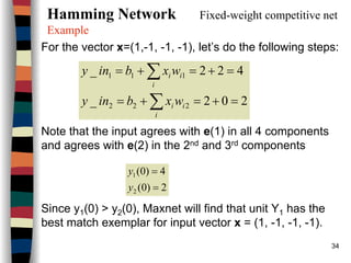 34
Hamming Network Fixed-weight competitive net
Example
For the vector x=(1,-1, -1, -1), let’s do the following steps:
Note that the input agrees with e(1) in all 4 components
and agrees with e(2) in the 2nd and 3rd components
Since y1(0) > y2(0), Maxnet will find that unit Y1 has the
best match exemplar for input vector x = (1, -1, -1, -1).
202_
422_
222
111
=+=+=
=+=+=
∑
∑
i
ii
i
ii
wxbiny
wxbiny
2)0(
4)0(
2
1
=
=
y
y
 