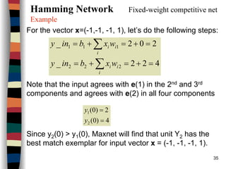 35
Hamming Network Fixed-weight competitive net
Example
For the vector x=(-1,-1, -1, 1), let’s do the following steps:
Note that the input agrees with e(1) in the 2nd and 3rd
components and agrees with e(2) in all four components
Since y2(0) > y1(0), Maxnet will find that unit Y2 has the
best match exemplar for input vector x = (-1, -1, -1, 1).
422_
202_
222
111
=+=+=
=+=+=
∑
∑
i
ii
i
ii
wxbiny
wxbiny
4)0(
2)0(
2
1
=
=
y
y
 