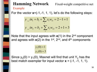 36
Hamming Network Fixed-weight competitive net
Example
For the vector x=(-1,-1, 1, 1), let’s do the following steps:
Note that the input agrees with e(1) in the 2nd component
and agrees with e(2) in the 1st, 2nd, and 4th components
Since y2(0) > y1(0), Maxnet will find that unit Y2 has the
best match exemplar for input vector x = (-1, -1, 1, 1).
312_
112_
222
111
=+=+=
=−=+=
∑
∑
i
ii
i
ii
wxbiny
wxbiny
3)0(
1)0(
2
1
=
=
y
y
 
