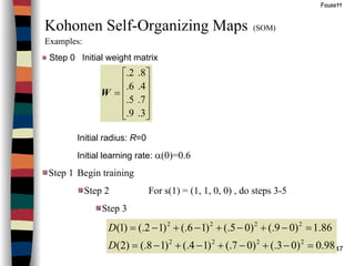 47
Fausett
Kohonen Self-Organizing Maps (SOM)
Examples:
Step 0 Initial weight matrix
Initial radius: R=0
Initial learning rate: α(0)=0.6
Step 1 Begin training
Step 2 For s(1) = (1, 1, 0, 0) , do steps 3-5
Step 3












=
3.9.
7.5.
4.6.
8.2.
W
98.0)03(.)07(.)14(.)18(.)2(
86.1)09(.)05(.)16(.)12(.)1(
2222
2222
=−+−+−+−=
=−+−+−+−=
D
D
 