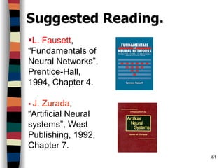 61
Suggested Reading.
L. Fausett,
“Fundamentals of
Neural Networks”,
Prentice-Hall,
1994, Chapter 4.
J. Zurada,
“Artificial Neural
systems”, West
Publishing, 1992,
Chapter 7.
 