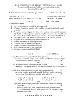 K.L.N.COLLEGE OF ENGINEERING, POTTAPALAYAM – 630 611.
Department of Electronics And Instrumentation Engineering
Centralized Internal Test - 1
Subject : Neural Networks & Fuzzy logic control Sub. Code : IC 1451
Year/Sem : IV / VIII Academic Year : 2010-2011
Date/ duration : 07.02.11 (08:40 to 10.10 A.M) Max Marks : 50 Marks
Part –A 10 x 2 = 20 Marks
Answer all questions.
1. List two applications of artificial neural network.
2. What are the various learning rules used for training the artificial neural
network?
3. A neuron j received inputs from four other neurons whose activity levels are
10, -20, 4 & -2. The respective synaptic weights of neuron j are 0.8,0.2,-1 & -
0.9. Calculate the output of neuron j which has a linear activation function.
4. Draw Mcculloch – pits AND function neuron & OR function neuron.
5. Write the most commonly used activation function.
6. Explain the concept of linear separability.
7. Compare artificial & biological neuron.
8. Explain the function of biological neuron.
9. Sketch the architecture of perception net.
10. Draw the architecture of MADALINE.
Part – B 2 x 15 = 30 Marks
11.(a) i. Write the training algorithm for Perceptron net. (7)
ii. Realize a Hebb net for the AND function with bipolar inputs & targets
and show that it is linear separable. (8)
[OR]
(b) i. Write the training algorithm for MADALINE. (10)
ii. Develop a Perceptron net XOR function with bipolar inputs & targets. (5)
12. (a) i. Write the training algorithm for hetero associative net. (8)
ii. A hetero associative network net with the following input & target
vectors find the weight matrix and test the network. (7)
S1 (1,-1,-1,-1) t1 (1,-1) S2 (1,1,-1,-1) t2 (1,-1)
S3 (-1,-1,-1,1) t3 (-1,1) S4 (-1,-1,1,1) t4 (-1,1)
[OR]
12. (b) i. Write the training algorithm for bidirectional associative memory
neural net. (8)
ii. Consider a recurrent auto associative net used the store vector
(1,1,1,-1) determine whether it recognizes a stored vector with three
missing components. (7)
     All the Best     
 