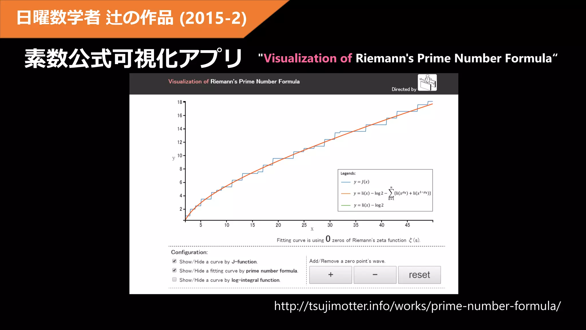 素数公式可視化アプリ
http://tsujimotter.info/works/prime-number-formula/
日曜数学者 辻の作品 (2015-2)
"Visualization of Riemann's Prime Number Formula“
 