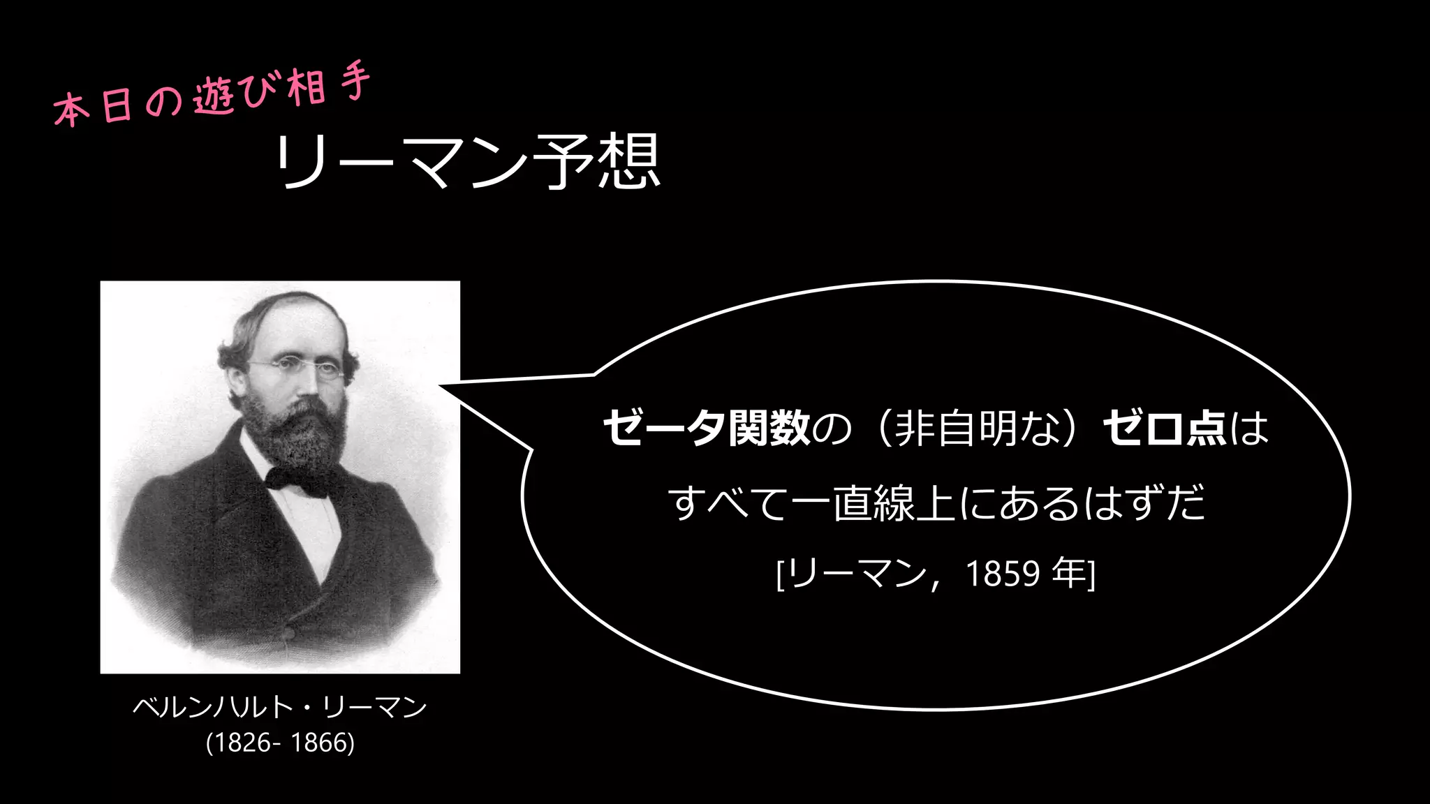 リーマン予想
ベルンハルト・リーマン
(1826- 1866)
ゼータ関数の（非自明な）ゼロ点は
すべて一直線上にあるはずだ
[リーマン，1859 年]
 