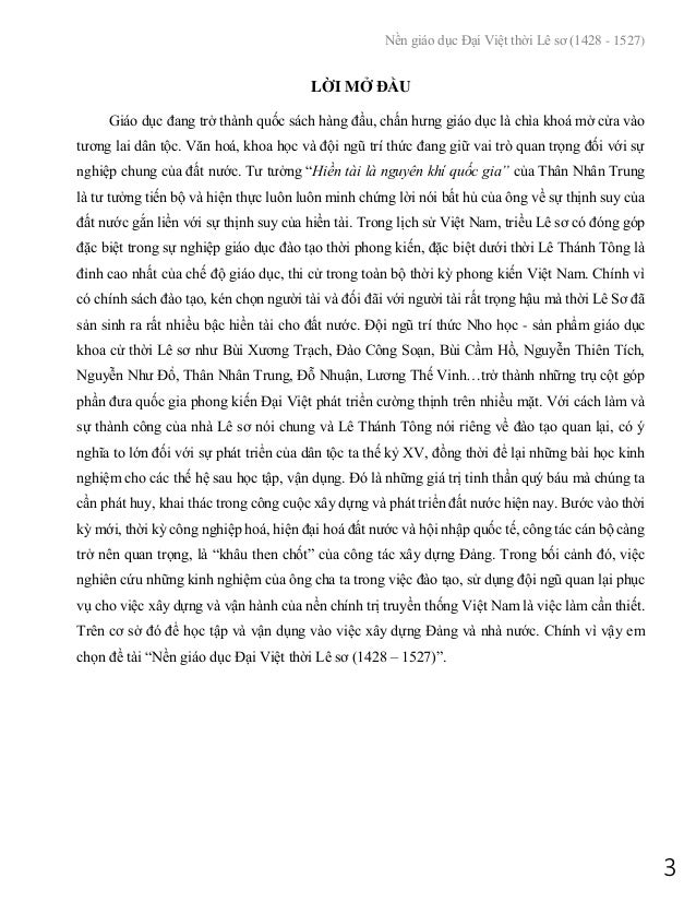 Nền giáo dục Đại Việt thời Lê sơ (1428 - 1527)
3
LỜI MỞ ĐẦU
Giáo dục đang trở thành quốc sách hàng đầu, chấn hưng giáo dục...