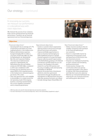 Our strategy – continued
Operational objectives
•	 Create a customer-driven organisation,
offering products and services through
efficient processes and systems
•	 Capture profitable opportunities to
grow our business by leveraging our
well established presence in growth
oriented segments in Europe and Japan
•	 Capture selective growth opportunities
in the Netherlands: growing in the Defined
Contribution and PPI market for our Life
business, the Disability  Accident
market for our Non-life business and
focusing on building scale and improving
profitability for NN Bank
•	 Improve the productivity of distribution
platforms and drive operational
improvement through disciplined cost
management at NN Investment Partners,
while also growing third-party net inflows
•	 Actively manage Japan Closed Block VA
Non-financial objectives**
•	 Deliver insurance products that are
suitable, transparent and contribute
to the financial well-being of
our customers
•	 Invest in a responsible manner by
integrating environmental, social
and governance (ESG) factors into
the investment process
•	 Empower our employees by fostering
an open, inclusive and stimulating
working environment
•	 Create positive change in the
communities where we operate
by supporting people in their efforts
to improve their financial well-being
and help them overcome adversity
•	 Minimise our environmental footprint by
reducing the use of natural resources
and seeking green alternatives
Financial objectives*
•	 Annual growth rate on average of 5–7%
of operating result before tax of the
ongoing business, in the medium term
•	 Reduce administrative expenses
by approximately 15% to realise a
cost base of EUR 700 million by 2018
for Netherlands Life, Netherlands
Non-life and Corporate/Holding.
The reduction of administrative
expenses in Netherlands Life,
Netherlands Non-life and holding
entities by EUR 200 million, compared
to 2013, was completed in 2015
•	 Increase the net operating return on
equity (ROE) of the ongoing business
in the medium term, measured against
pro-forma 7.1% in 2013
•	 Over time generate free cash available
to shareholders in a range around the
net operating result of the ongoing
business, assuming normal markets,
the current regulatory framework
and no material special items
In assessing our success,
we measure our performance
in a disciplined way with
clear objectives.
We measure the success of our company
both in terms of financial and non-financial
performance. Therefore, we set financial,
operational, and non-financial objectives.
*	 NN Group also sets specific financial objectives per business segment.
**	For more information on non-financial objectives, refer to the Sustainability Supplement, page 4.
Objectives
About NN Group Governance
Additional
information
Strategy and
value creation
Delivering on
our strategyAt a glance
NN Group N.V. 2015 Annual Review 20
 