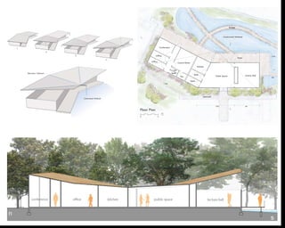 0 5
Floor Plan
Public Space Lecture Hall
Kitchen
Bath.
Bath.
Bath.
Sto.
Office
Office
Conference
Control Room
Util.
3.5m
8m
6m10m
16m
Constructed Wetland
Bridge
Sidewalk
Patio
1
2
3
4
Rainwater Collectoin
Constructed Wetland
 