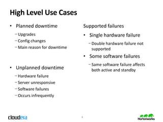 High Level Use Cases
• Planned downtime                Supported failures
 − Upgrades                       • Single hardware failure
 − Config changes
                                    − Double hardware failure not
 − Main reason for downtime           supported
                                  • Some software failures
                                    − Same software failure affects
• Unplanned downtime                  both active and standby
 − Hardware failure
 − Server unresponsive
 − Software failures
 − Occurs infrequently



                              8
 