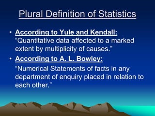 Plural Definition of Statistics
• According to Yule and Kendall:
“Quantitative data affected to a marked
extent by multiplicity of causes.”
• According to A. L. Bowley:
“Numerical Statements of facts in any
department of enquiry placed in relation to
each other.”
 
