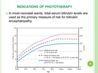 INDICATIONS OF PHOTOTHERAPY
 In most neonatal wards, total serum bilirubin levels are
used as the primary measure of risk for bilirubin
encephalopathy
38
 