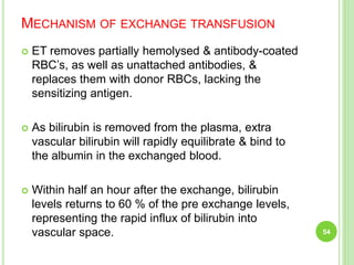 MECHANISM OF EXCHANGE TRANSFUSION
 ET removes partially hemolysed & antibody-coated
RBC’s, as well as unattached antibodies, &
replaces them with donor RBCs, lacking the
sensitizing antigen.
 As bilirubin is removed from the plasma, extra
vascular bilirubin will rapidly equilibrate & bind to
the albumin in the exchanged blood.
 Within half an hour after the exchange, bilirubin
levels returns to 60 % of the pre exchange levels,
representing the rapid influx of bilirubin into
vascular space. 54
 