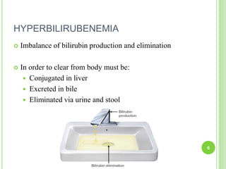 HYPERBILIRUBENEMIA
 Imbalance of bilirubin production and elimination
 In order to clear from body must be:
 Conjugated in liver
 Excreted in bile
 Eliminated via urine and stool
6
 