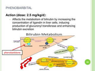 PHENOBARBITAL
Action (dose: 2.5 mg/kg/d):
• Affects the metabolism of bilirubin by increasing the
concentration of ligandin in liver cells, inducing
production of glucuronyl transferase and enhancing
bilirubin excretion
63
phenobarbitone
 