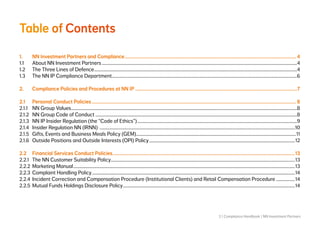 2 | Compliance Handbook | NN Investment Partners
Table of Contents
1.	 NN Investment Partners and Compliance................................................................................................................................... 4
1.1 	 About NN Investment Partners..................................................................................................................................................................................4
1.2 	 The Three Lines of Defence.........................................................................................................................................................................................4
1.3 	 The NN IP Compliance Department.........................................................................................................................................................................6
2. 	 Compliance Policies and Procedures at NN IP............................................................................................................................7
2.1 	 Personal Conduct Policies............................................................................................................................................................ 8
2.1.1 	 NN Group Values..............................................................................................................................................................................................................8
2.1.2 	 NN Group Code of Conduct........................................................................................................................................................................................8
2.1.3 	 NN IP Insider Regulation (the “Code of Ethics”)..................................................................................................................................................9
2.1.4 	 Insider Regulation NN (IRNN) ..................................................................................................................................................................................10
2.1.5 	 Gifts, Events and Business Meals Policy (GEM)..................................................................................................................................................11
2.1.6 	 Outside Positions and Outside Interests (OPI) Policy.....................................................................................................................................12
2.2 	 Financial Services Conduct Policies...........................................................................................................................................13
2.2.1 	 The NN Customer Suitability Policy.......................................................................................................................................................................13
2.2.2 	Marketing Manual..........................................................................................................................................................................................................13
2.2.3 	Complaint Handling Policy.........................................................................................................................................................................................14
2.2.4 	Incident Correction and Compensation Procedure (Institutional Clients) and Retail Compensation Procedure..................14
2.2.5 	Mutual Funds Holdings Disclosure Policy.............................................................................................................................................................14
 