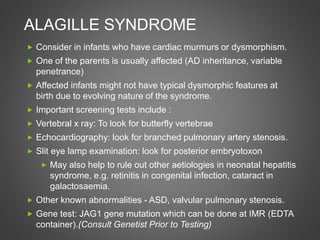 ALAGILLE SYNDROME
 Consider in infants who have cardiac murmurs or dysmorphism.
 One of the parents is usually affected (AD inheritance, variable
penetrance)
 Affected infants might not have typical dysmorphic features at
birth due to evolving nature of the syndrome.
 Important screening tests include :
 Vertebral x ray: To look for butterfly vertebrae
 Echocardiography: look for branched pulmonary artery stenosis.
 Slit eye lamp examination: look for posterior embryotoxon
 May also help to rule out other aetiologies in neonatal hepatitis
syndrome, e.g. retinitis in congenital infection, cataract in
galactosaemia.
 Other known abnormalities - ASD, valvular pulmonary stenosis.
 Gene test: JAG1 gene mutation which can be done at IMR (EDTA
container).(Consult Genetist Prior to Testing)
 