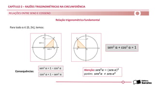 CAPÍTULO 2 – RAZÕES TRIGONOMÉTRICAS NA CIRCUNFERÊNCIA
RELAÇÕES ENTRE SENO E COSSENO
Relação trigonométrica fundamental
Para todo α ∈ [0, 2π], temos:
sen2 α + cos2 α = 1
Consequências:
sen2 α = 1 − cos2 α
cos2 α = 1 − sen2 α
Atenção: 𝒔𝒆𝒏𝟐𝜶 = (𝒔𝒆𝒏 𝜶)𝟐
porém: 𝒔𝒆𝒏𝟐
𝜶 ≠ 𝒔𝒆𝒏 𝜶𝟐
 