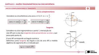 CAPÍTULO 2 – RAZÕES TRIGONOMÉTRICAS NA CIRCUNFERÊNCIA
ARCOS COMPLEMENTARES E TANGENTE
Considere no ciclo trigonométrico o ponto T, intersecção da
reta OP com o eixo das tangentes (reta perpendicular ao eixo x, que
passa pelo ponto A).
O arco AP corresponde ao ângulo central α.
Definimos como tangente do ângulo α (ou do arco AP) a medida
algébrica do segmento AT, e é indicado por:
Considere na circunferência uma arco x ∈ ℝ, 0 ≤ 𝑥 ≤
𝜋
2
.
𝑠𝑒𝑛 𝑥 = cos 𝑥 −
𝜋
2
𝑐𝑜𝑠 𝑥 = sen 𝑥 −
𝜋
2
e
Arcos complementares
Tangente
𝑡𝑔 𝛼 = 𝑚𝑒𝑑 (𝐴𝑇)
 