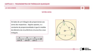 CAPÍTULO 3 – TRIGONOMETRIA EM TRIÂNGULOS QUAISQUER
Os lados de um triângulo são proporcionais aos
senos dos respectivos ângulos opostos, e a
constante de proporcionalidade é igual à medida
do diâmetro da circunferência circunscrita a esse
triângulo.
LEI DOS SENOS
Lei dos senos
𝑎
𝑠𝑒𝑛 Â
=
𝑏
𝑠𝑒𝑛 ෠
𝐵
=
𝑎
𝑠𝑒𝑛 መ
𝐶
= 2𝑅
 